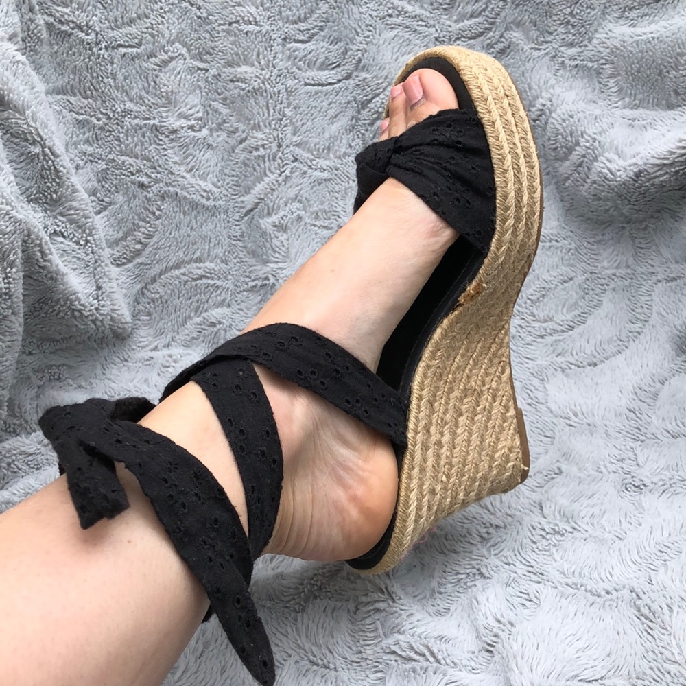 Black fabric tie up wedge sandals